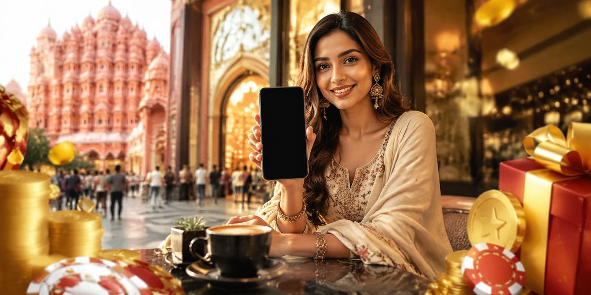 Young Indian woman using mobile app to play casino games in Jaipur