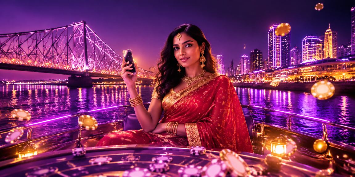 Night view of Kolkata Howrah Bridge with casino app on mobile phone
